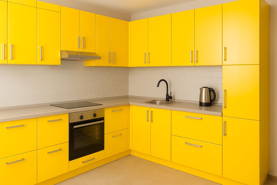 Встроенная угловая кухня Sunny Line из желтого пластика